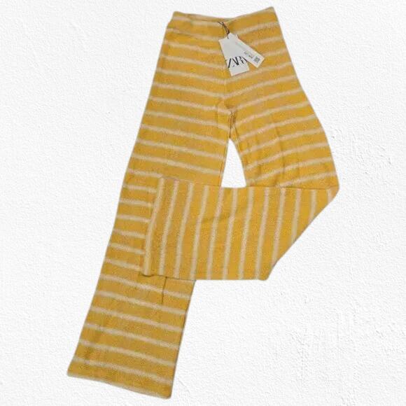 Zara Yellow White Striped Knit Flare Pull On Womens Wide Leg Pants Size Small - Picture 1 of 14